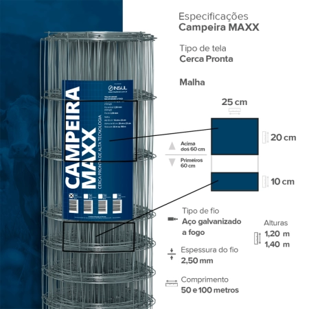 Cerca pronta de aço Campeira MAXX - (Fios de Aço 2,50mm / malha 25x10cm) - Rolo 50m