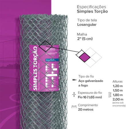 Tela Alambrado Galvanizada fio 16 (1,65mm) malha 2" (5cm) - Rolo 20m