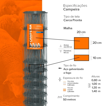 Tela Campeira Galvanizada - (Fios de aço 2,30mm / malha 20x10cm) - Rolo 50m