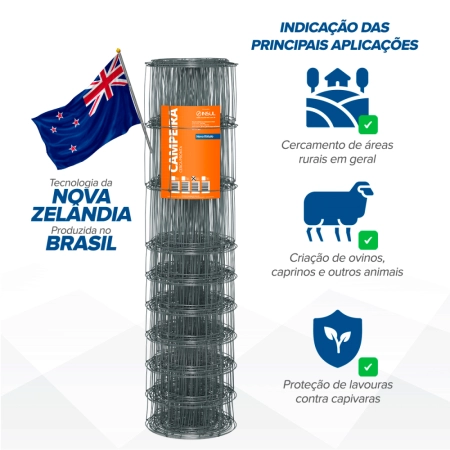 Tela Campeira Galvanizada - (Fios de aço 2,30mm / malha 20x10cm) - Rolo 50m