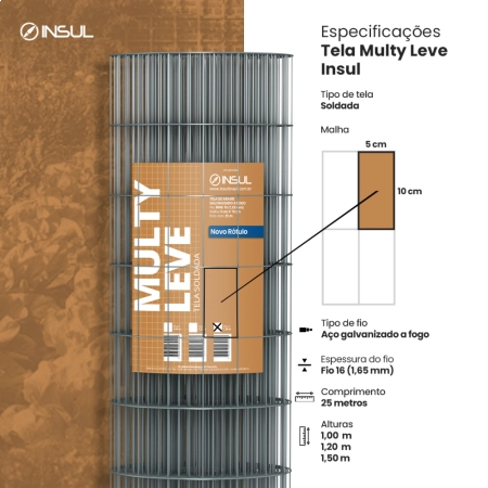 Tela Galvanizada Multy Leve (fio 1,65mm / malha 5x10cm) - Rolo 25m Detalhes tela Multy Leve