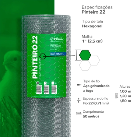 Tela Hexagonal Pinteiro (Fio 22 0,71mm / Malha 2,5cm) - Rolo 50m