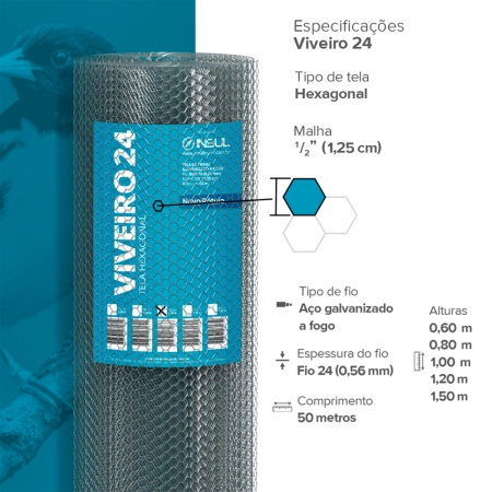 Tela Hexagonal Viveiro (Fio 24 0,56mm / Malha 1,25cm) - Rolo 50m