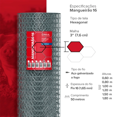 Tela Mangueirão fio 16 (1,65mm) malha (7,6cm) - Rolo 50m