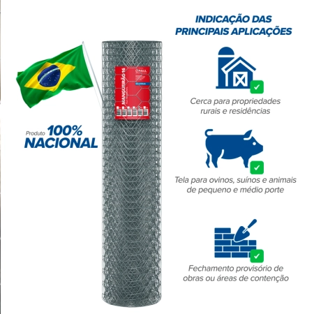 Tela Mangueirão fio 16 (1,65mm) malha (7,6cm) - Rolo 50m