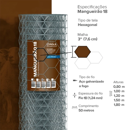 Tela Mangueirão Leve fio 18 (1,24mm) malha (7,6cm) - Rolo 50m