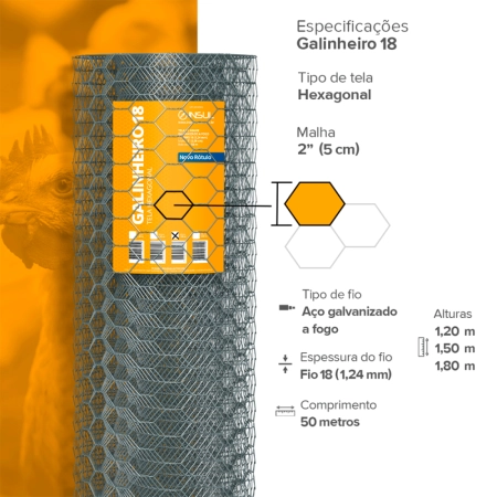 Tela para Galinheiro fio 18 (1,24mm) malha (5cm) - Rolo 50m