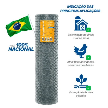 Tela para Galinheiro fio 18 (1,24mm) malha (5cm) - Rolo 50m