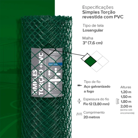Tela Revestida em PVC VERDE Fio 12 (3,80mm) malha 3"(7,6cm) - Rolo 20m