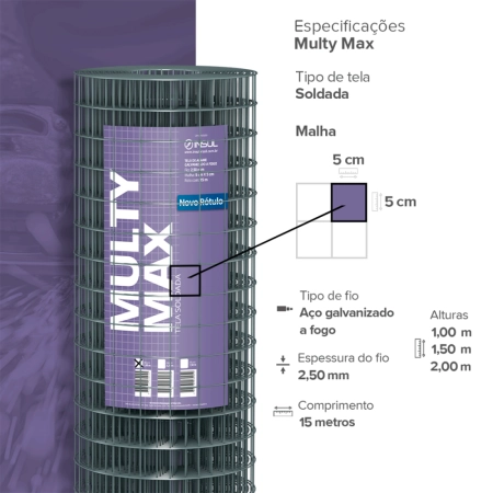 Tela Soldada Multy Max Serralheria (Fio 2,50mm / Malha 5x5cm) - Rolo 15m