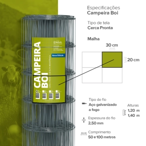 Cerca Pronta Campeira Boi - Malha 30x20cm - Fios de Aço 2,50mm - 650kgf - 100m Produto Cerca Pronta Campeira Boi - Malha 30x20cm - Fios de Aço 2,50mm - 650kgf - 100m