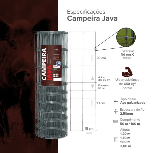 Produto Cerca Pronta Campeira Java - Malha 15x10cm - Fios de Aço 2,50mm - 650kgf - 50m