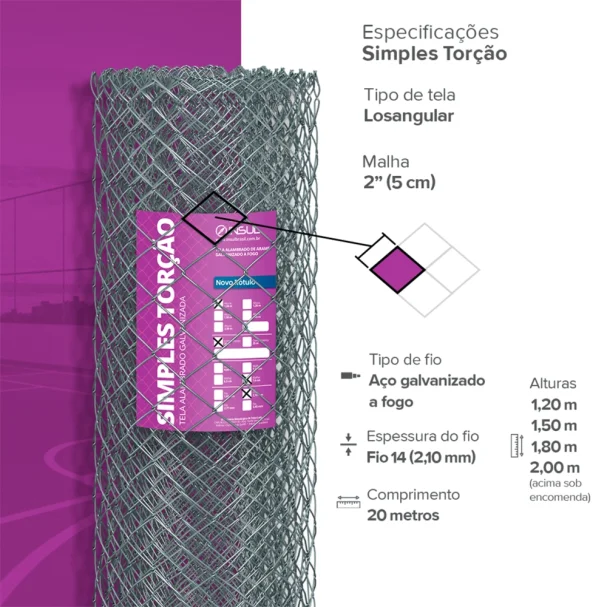 Tela Alambrado Galvanizada fio 14 (2,10mm) malha 2" (5cm) - Rolo 20m Produto Tela Alambrado Galvanizada fio 14 (2,10mm) malha 2" (5cm) - Rolo 20m