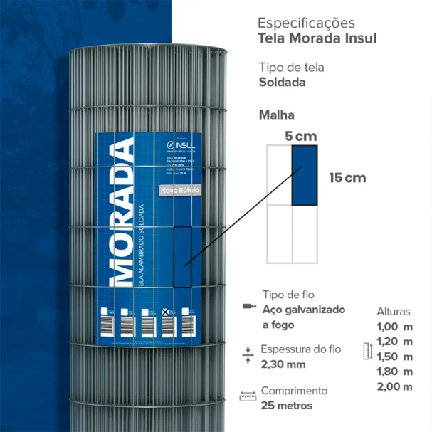 Produto Tela Alambrado Soldada Morada - Fio 2,30mm - Malha 5x15cm - Rolo 25m