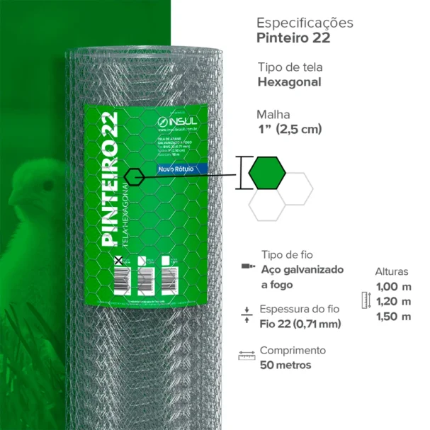 Produto Tela Hexagonal Pinteiro - Fio 22 - 0,71mm - Malha 2,5cm - Rolo 50m