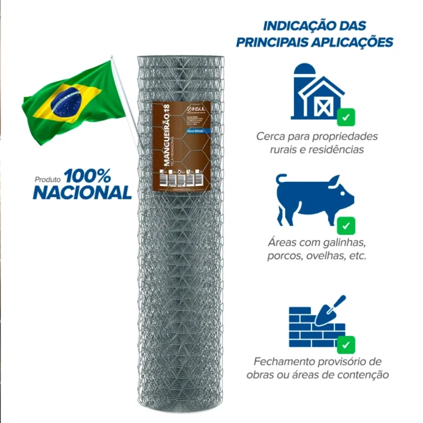 Produto Tela Mangueirão Leve fio 18 - 1,24mm - Malha (7,6cm) - Rolo 50m
