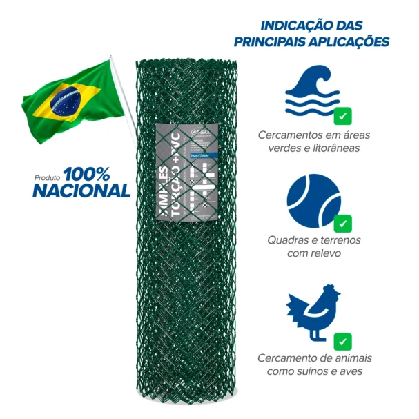 Tela Revestida em PVC VERDE Fio 12 (3,80mm) malha 3" (7,6cm) - Rolo 20m Produto Tela Revestida em PVC VERDE Fio 12 (3,80mm) malha 3" (7,6cm) - Rolo 20m