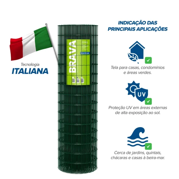 Produto Tela Soldada Brava Leve revestida em PVC - Fio 2,10mm - Malha 5x5cm - Rolo 25m