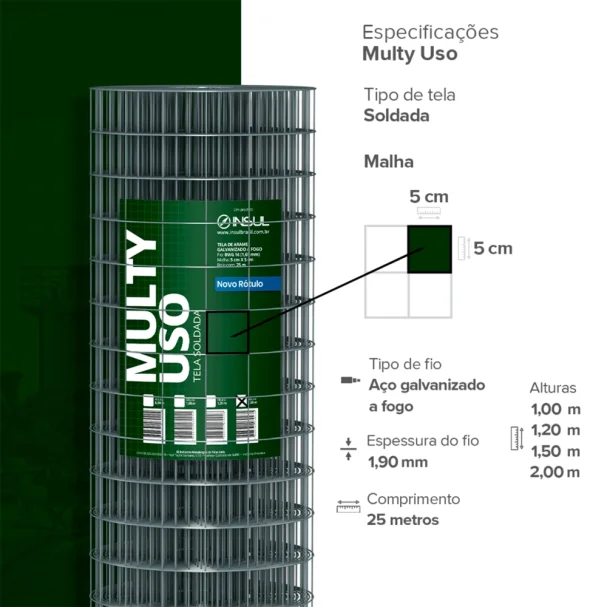 Produto Tela Soldada Multy Uso 25m - Fio 1,90mm - Malha 5x5cm - Rolo 25m