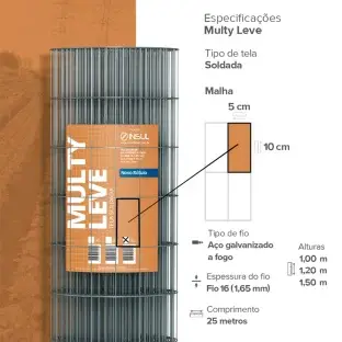 Produto Tela Galvanizada Multy Leve - fio 1,65mm - malha 5x10cm - Rolo 25m Produto Produto Tela Galvanizada Multy Leve - fio 1,65mm - malha 5x10cm - Rolo 25m
