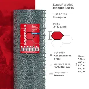 Produto Tela Mangueirão fio 16 - 1,65mm - malha (7,6cm) - Rolo 50m Produto Produto Tela Mangueirão fio 16 - 1,65mm - malha (7,6cm) - Rolo 50m