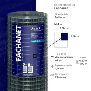 Produto Tela Reboco FachaNet (Fio 18 1,24mm / Malha 2,5cm) - Rolo 25m Produto Produto Tela Reboco FachaNet (Fio 18 1,24mm / Malha 2,5cm) - Rolo 25m