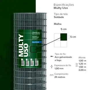 Produto Tela Soldada Multy Uso 25m - Fio 1,90mm - Malha 5x5cm - Rolo 25m Produto Produto Tela Soldada Multy Uso 25m - Fio 1,90mm - Malha 5x5cm - Rolo 25m