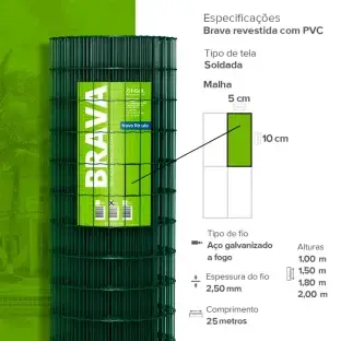Produto Tela Soldada Brava revestida em PVC - Fio 2,50mm - Malha 5x10cm - Rolo 25m Produto Produto Tela Soldada Brava revestida em PVC - Fio 2,50mm - Malha 5x10cm - Rolo 25m